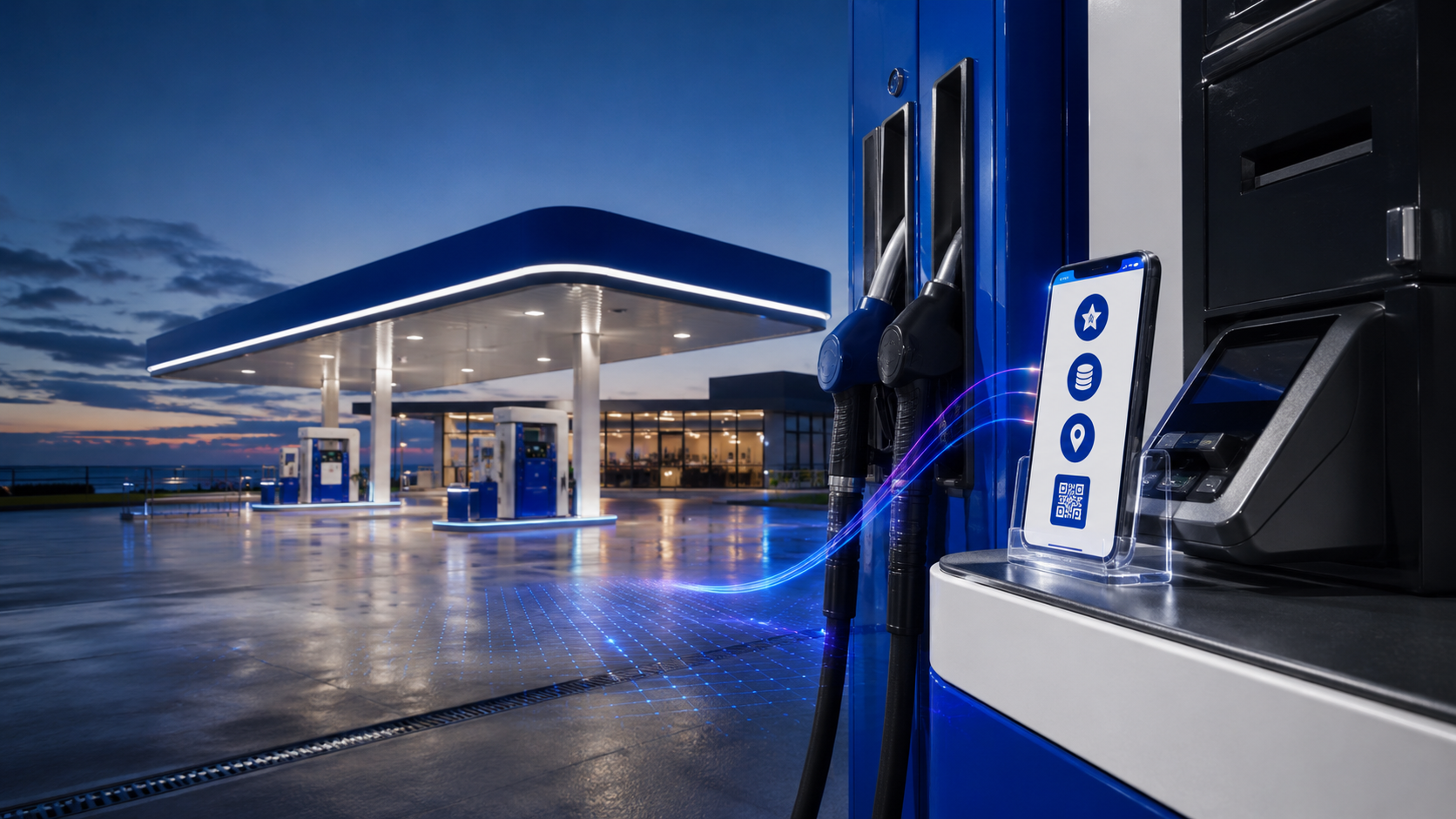 Petrolina service station forecourt at dusk with a smartphone showing the MyPetrolina loyalty app beside the fuel pump