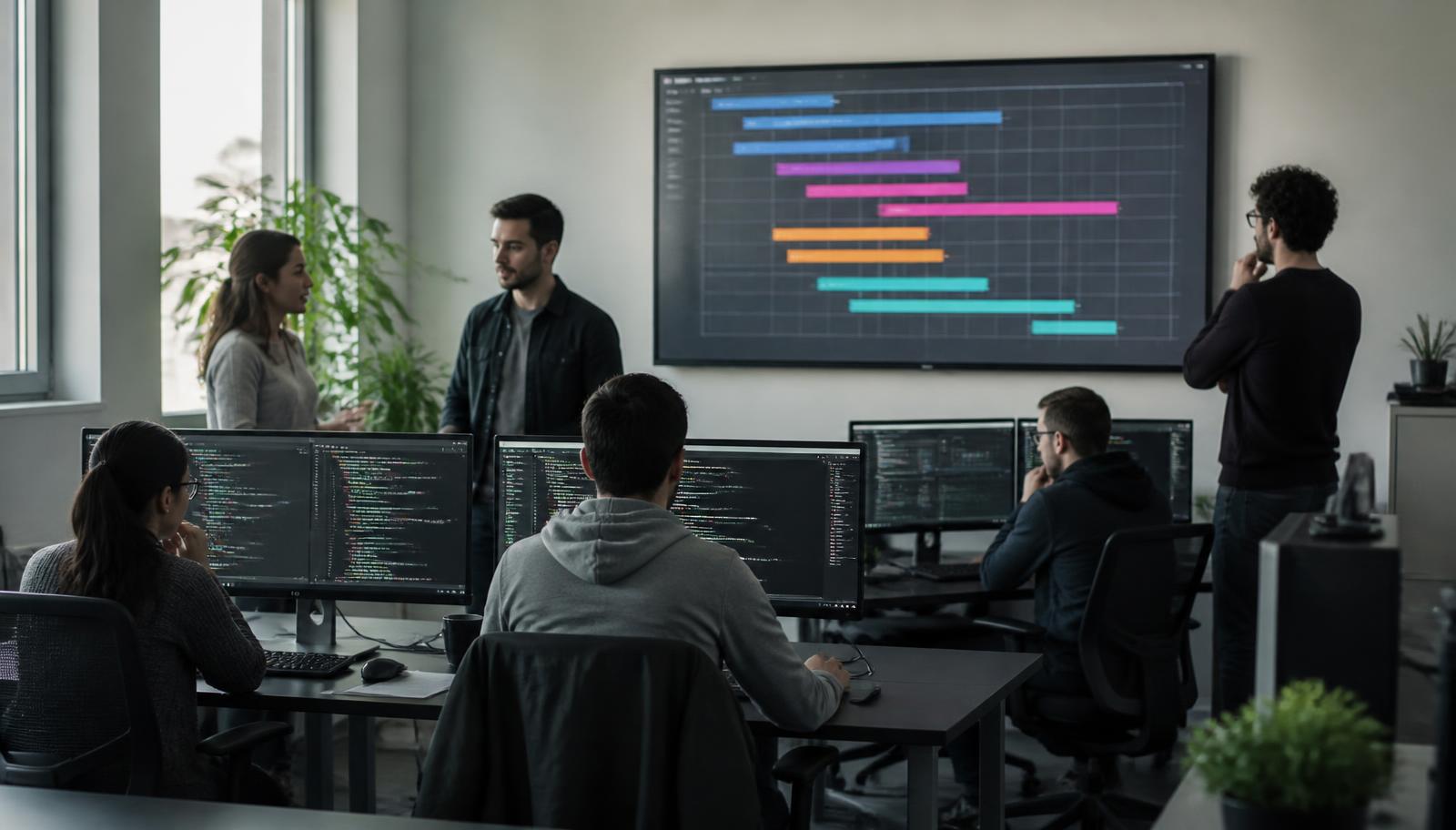 Bright Nicosia office with a systems integration team reviewing a single consolidated project portfolio on screen