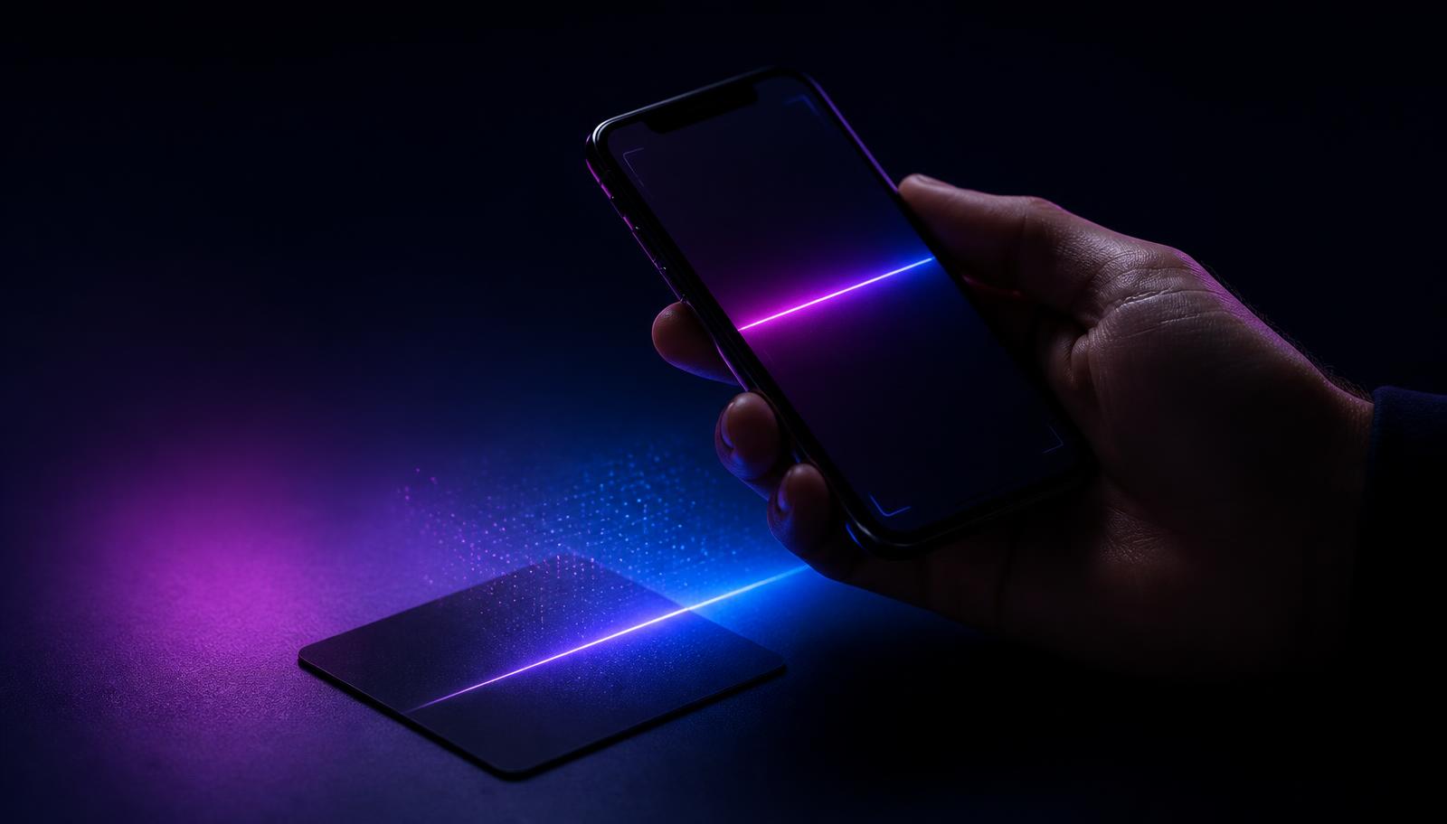 A smartphone scanning a matte black business card, with contact data lifting off the card as light.
